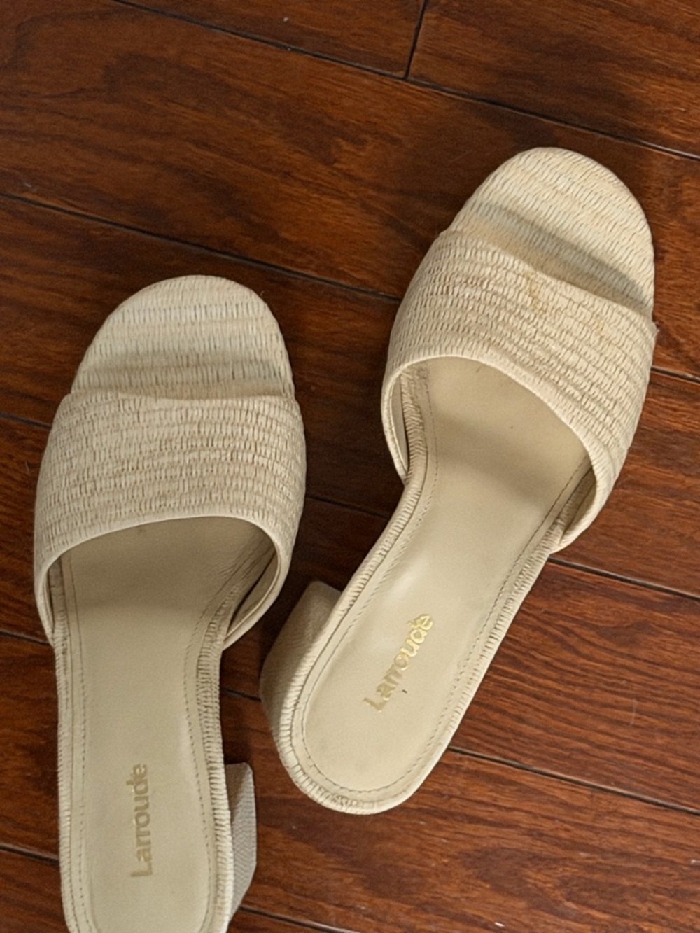 Larroude Raffia Slides Beige Woven Open-Toe Block Heel Sandals